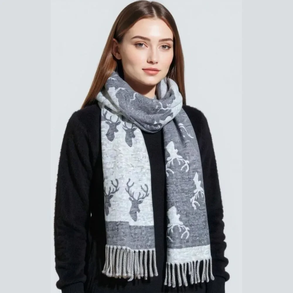 Westrian La Chasse Cashmere Feel Stag Head Winter Scarf with Fringe